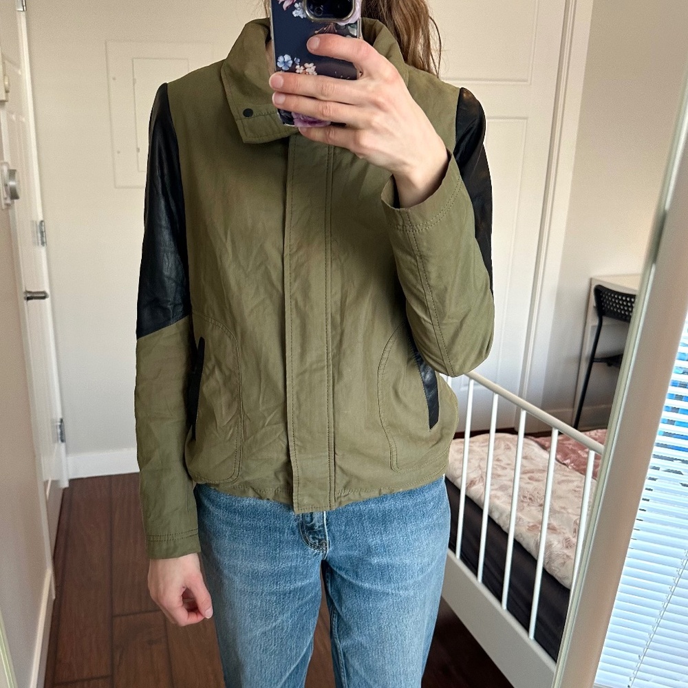 Women's Danier green jacket with black leather detailing - size XS
